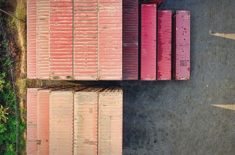 Grid of containers holding high-value technology freight