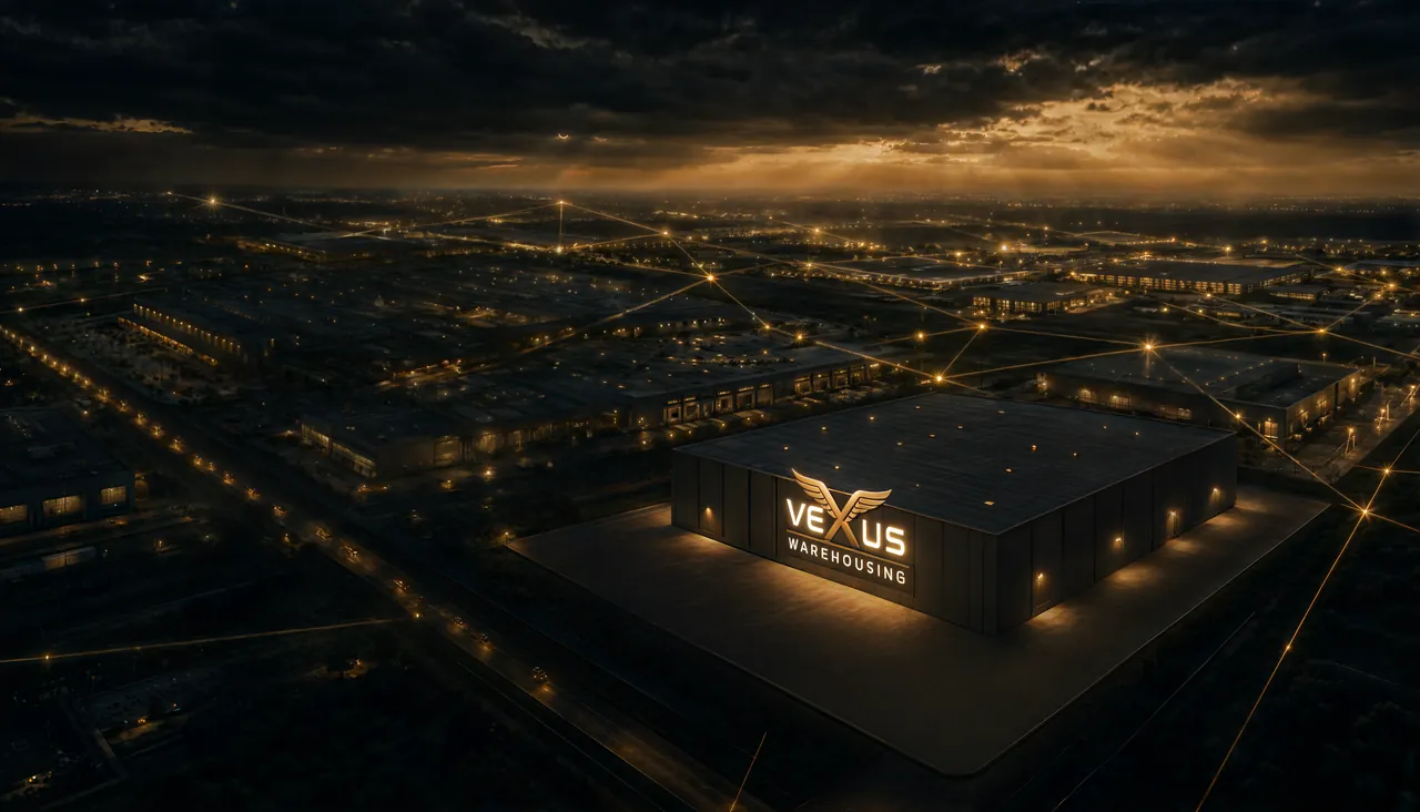 Aerial view of a warehouse district at dusk — gold network lines linking the buildings, the VEXUS warehouse lit at centre.